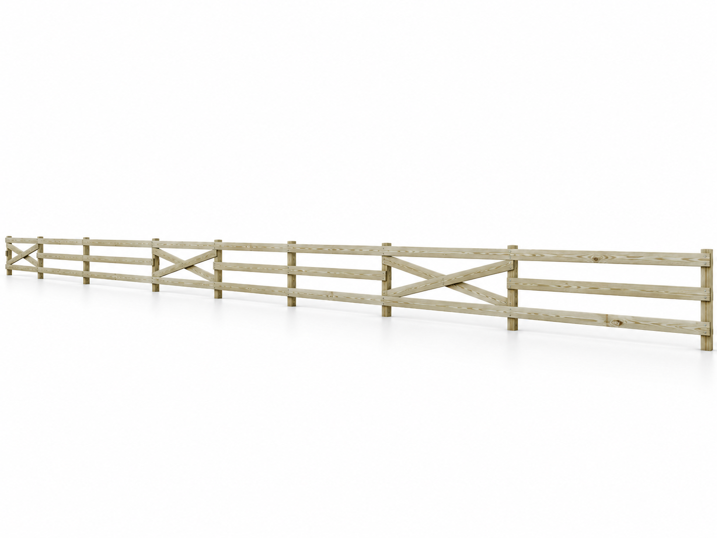 Wooden fence extending across the image with a gusseted gate in the middle, on a white background.