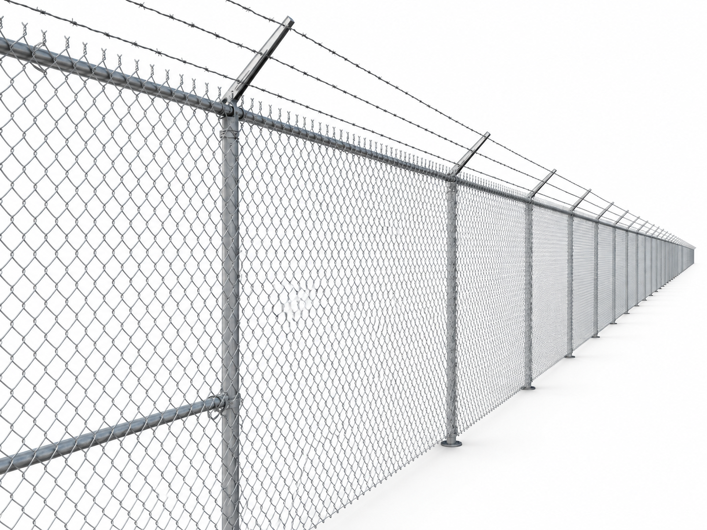 A long chain-link fence topped with barbed wire, extending into the distance on a white background.