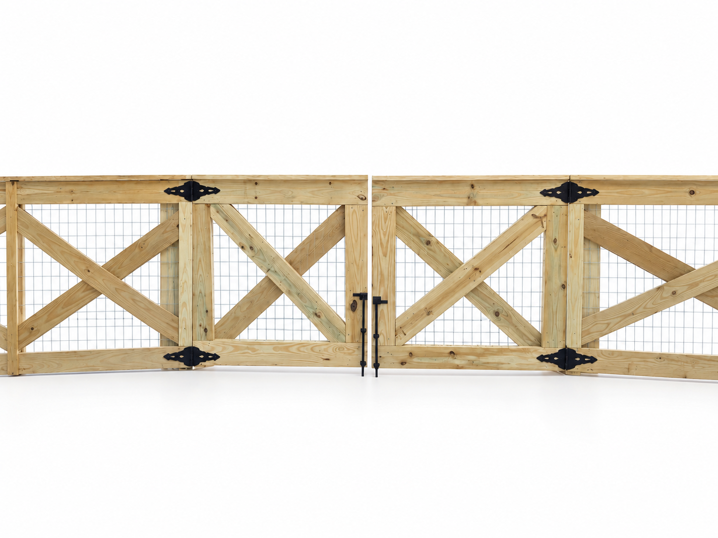 Double wooden gate with diagonal cross-bracing, black hinges, and handles, closed against a white background.