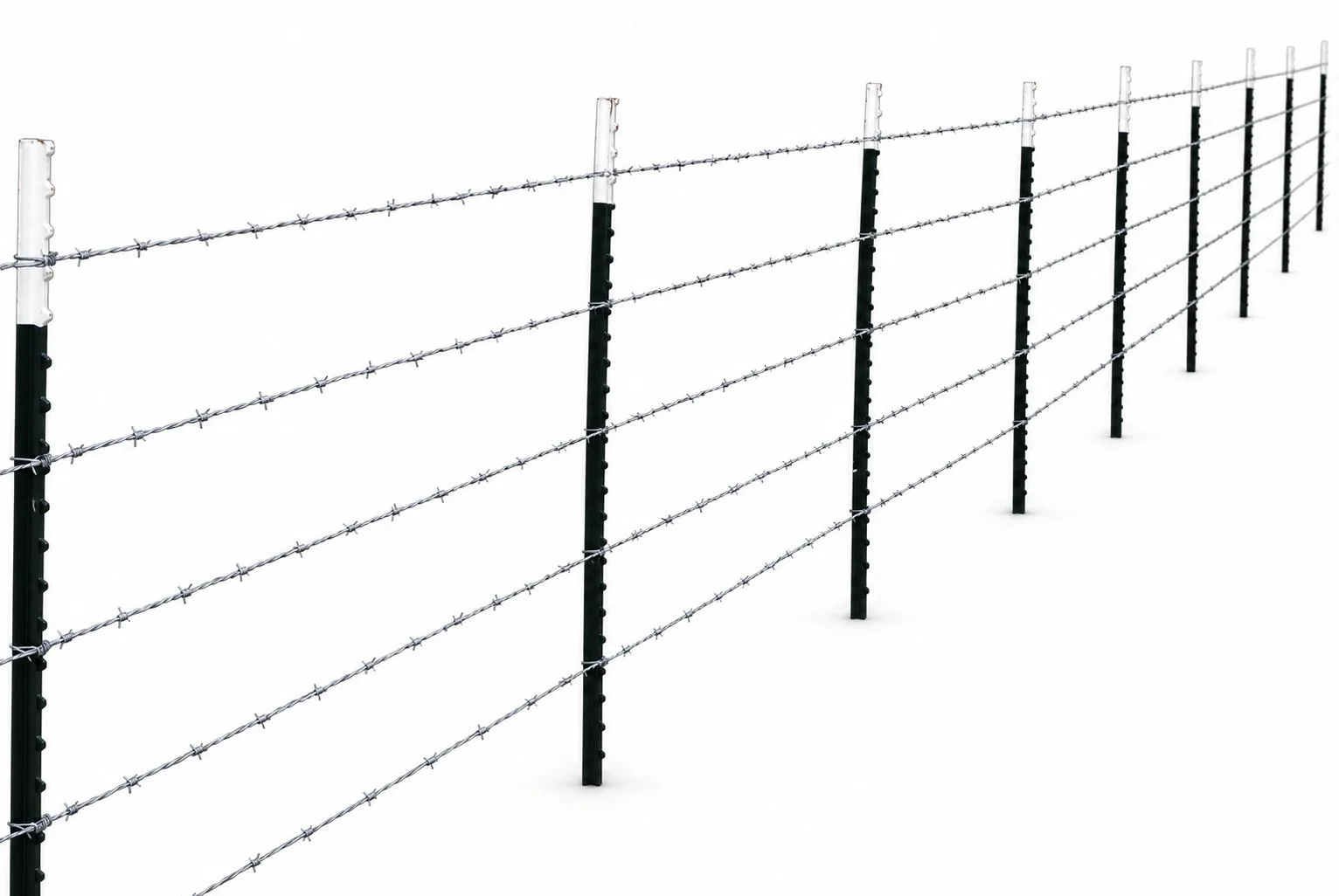 Barbed wire fence with black posts extending into the distance on a snow-covered landscape.