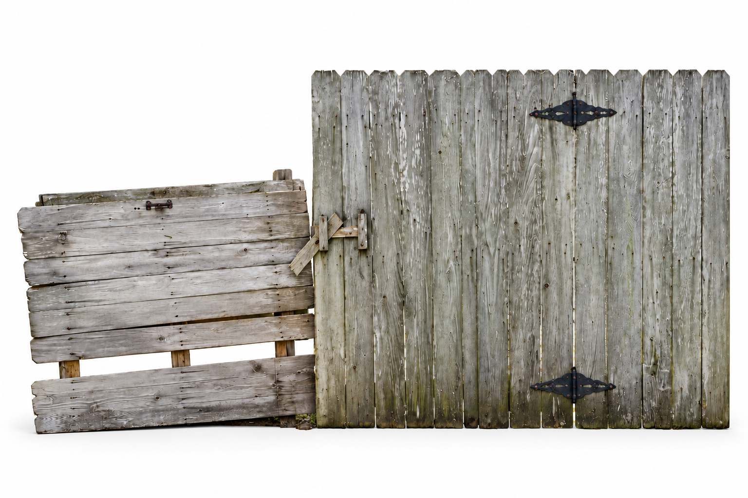 Weathered and damaged wood fence and gate before replacement