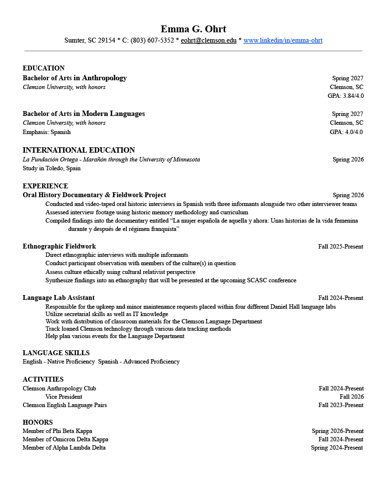 Emma G. Ohrt's resume, with academic information, linguistic capabilities, activities, honors and research/work experience.