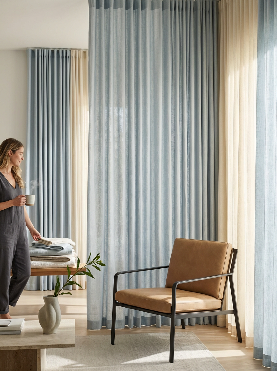 A woman holding a coffee mug standing next to a table with folded towels and a plant in a beige vase, in front of blue and cream curtains in a living room.