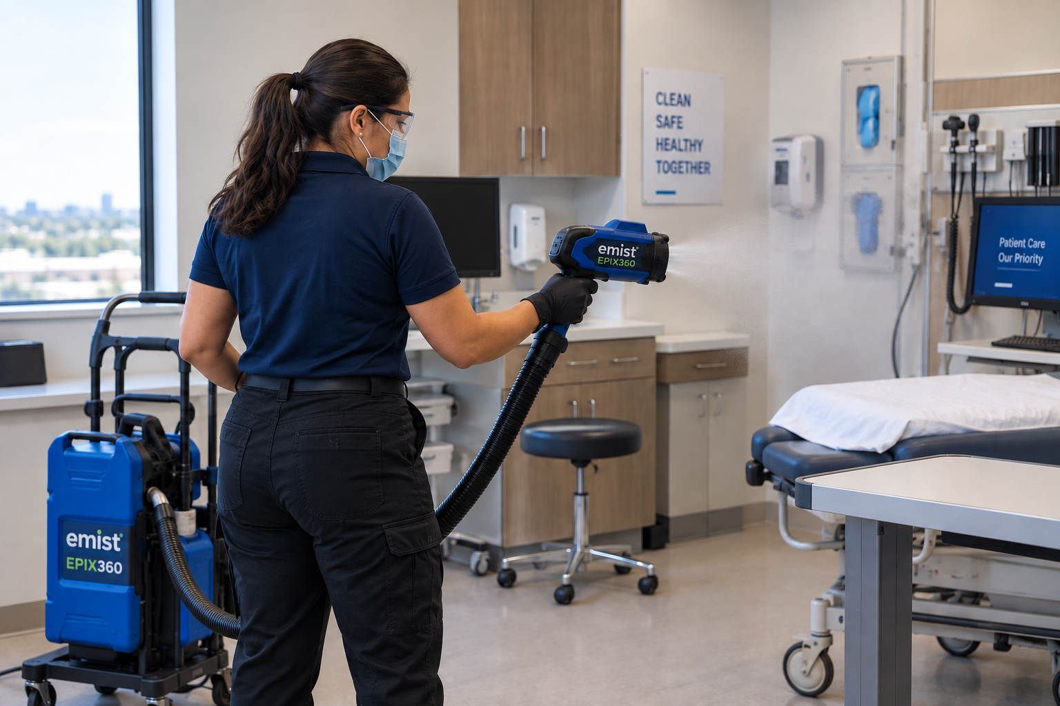 A healthcare worker disinfecting a hospital room with a blue disinfectant sprayer, wearing a face mask, glasses, gloves, and dark uniform.