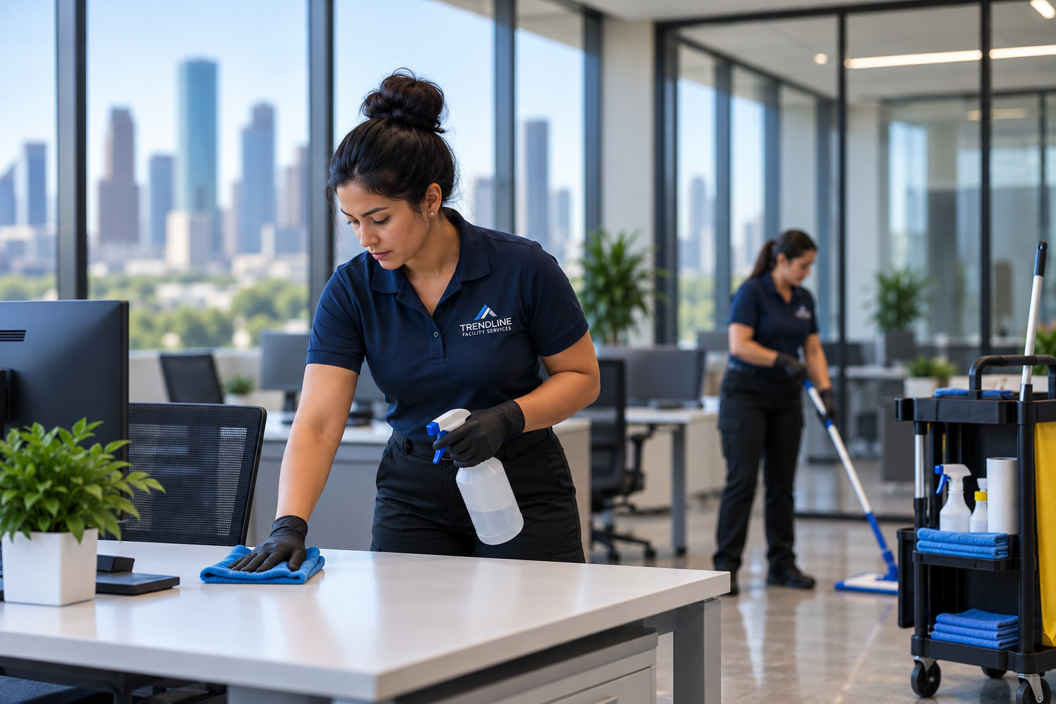 Two women cleaning an office with large windows showing a city skyline, wearing navy blue uniforms with "Trendline Facility Services" logo, one wiping the desk and the other mopping the floor.