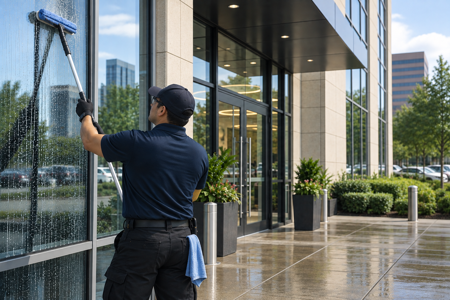 A man cleaning a glass exterior wall of a modern office building with a squeegee during the daytime.