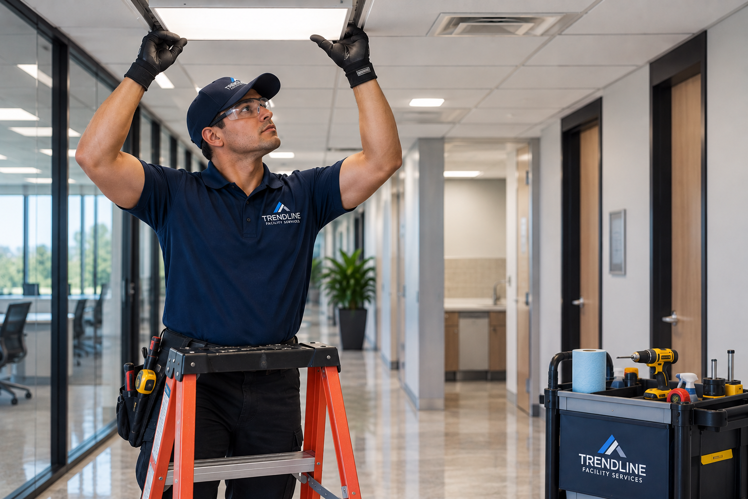 A maintenance worker inspecting ceiling panels in an office hallway, wearing a blue uniform with 'Trendline Facility Services' logo, gloves, glasses, and a tool belt, standing on a ladder with a tool cart nearby.