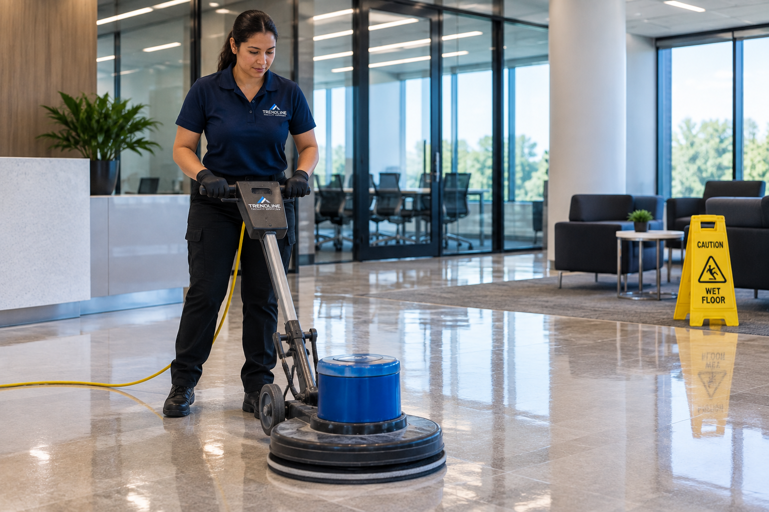 Woman operating floor polishing machine in office lobby with wet floor caution sign nearby.