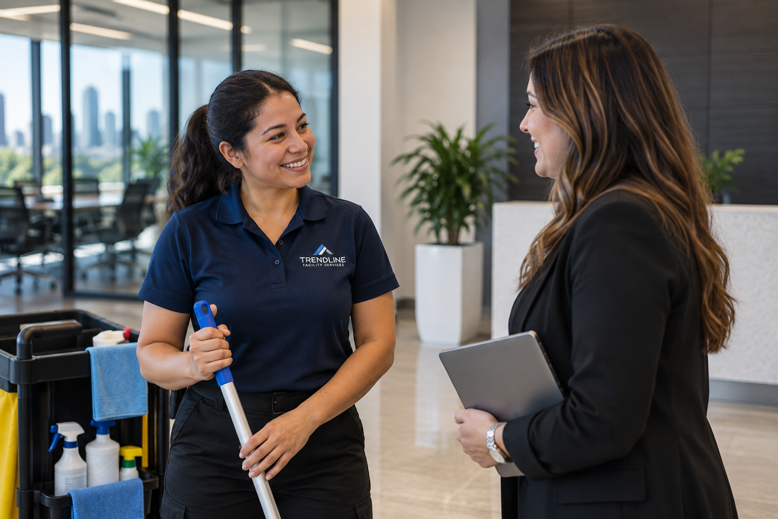 Two women talking in an office building, one is a janitor holding a mop and wearing a company uniform, the other is a professional woman holding a tablet, both smiling.