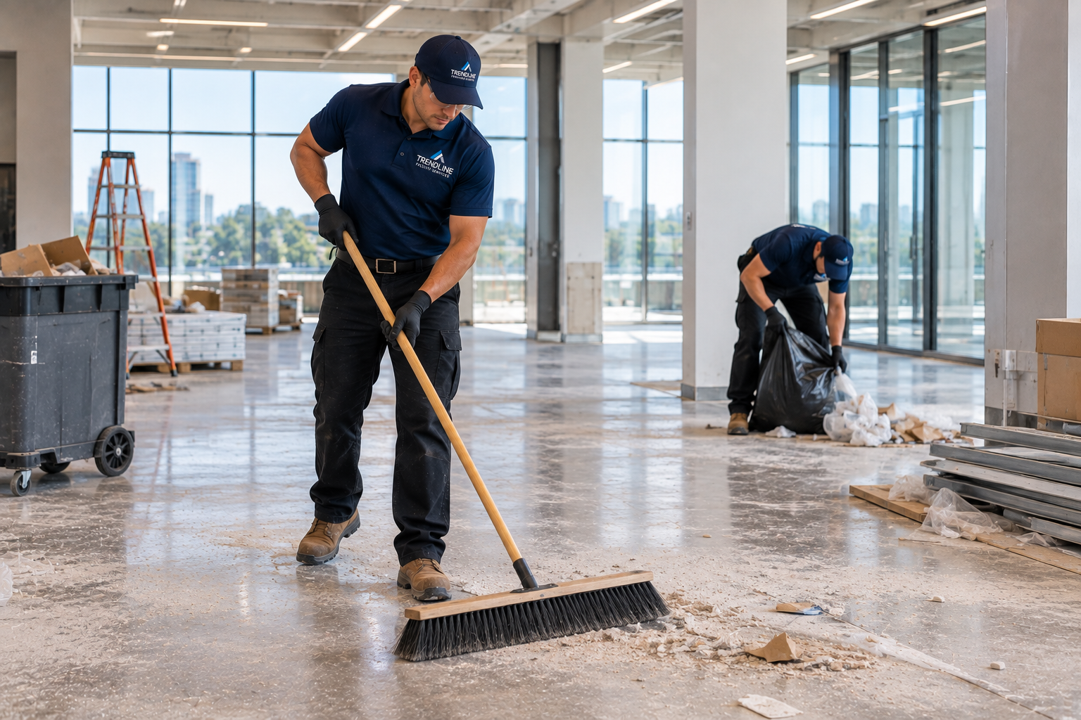 Two workers cleaning a large indoor space with a broom and trash bags, construction materials, and equipment visible around them.