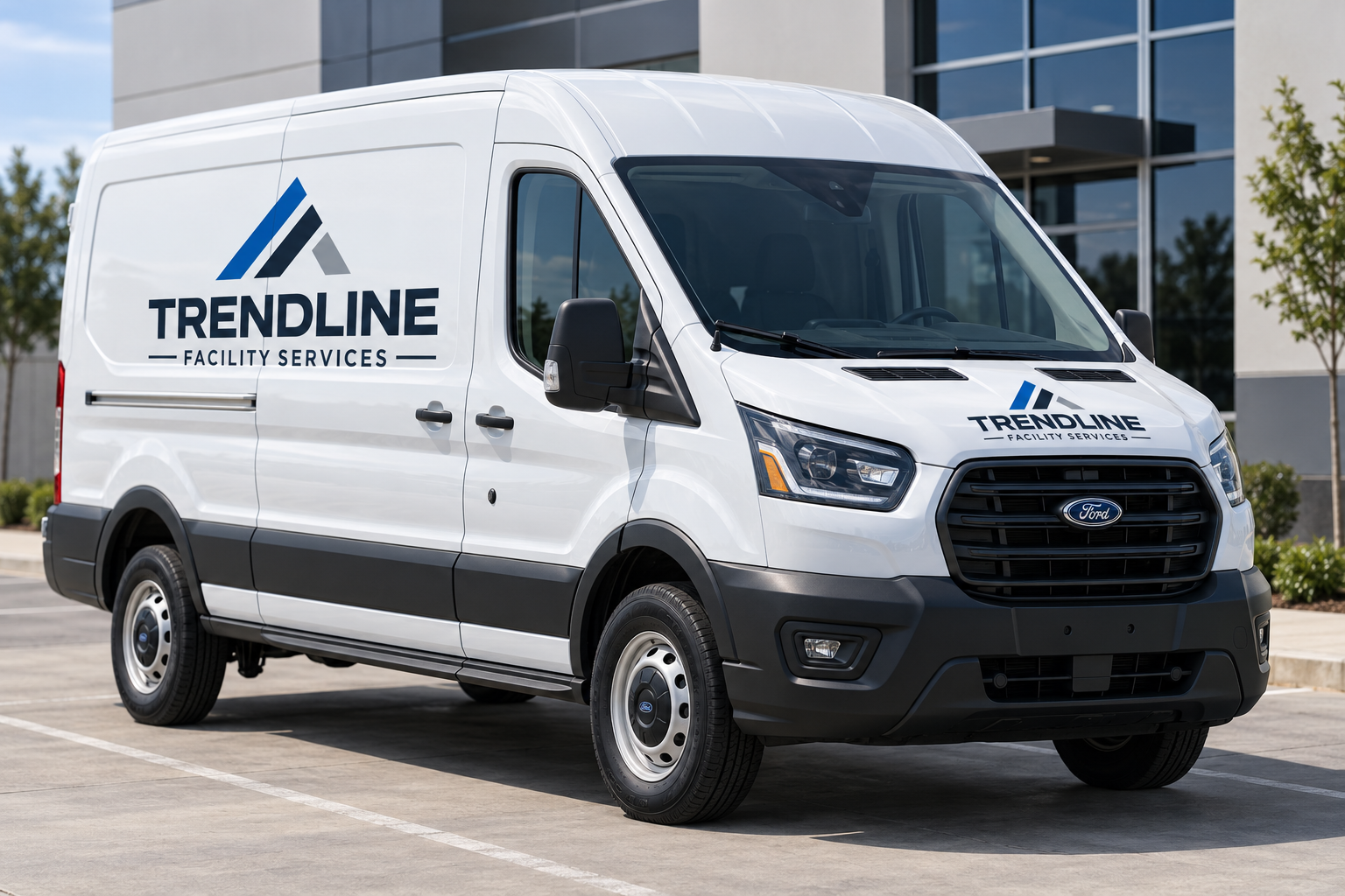 White Ford commercial van with 'Trendline Facility Services' logo parked in a lot near a modern office building with glass windows.