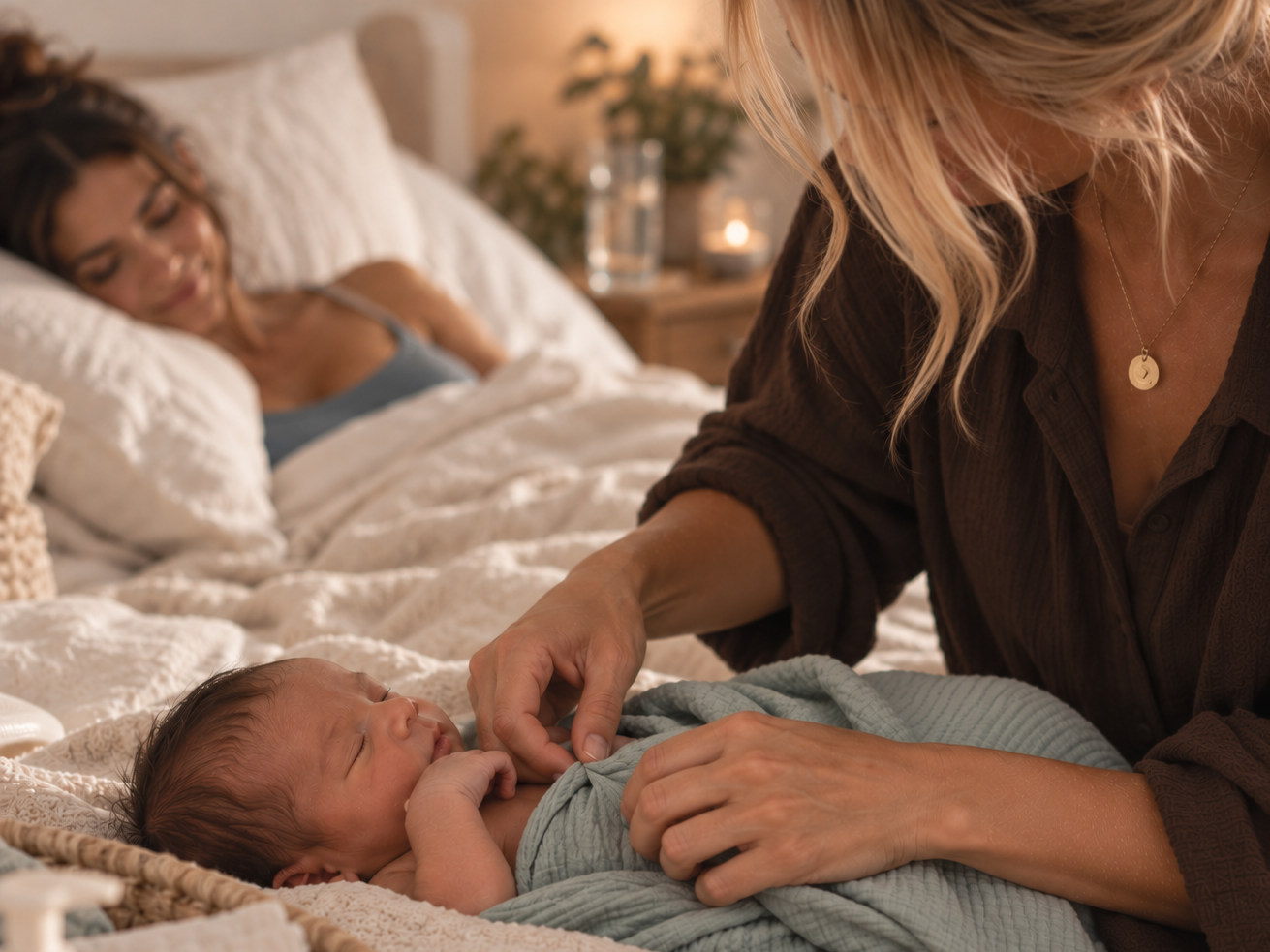 Certified postpartum doula and newborn care specialist swaddling a newborn baby while the mother rests nearby