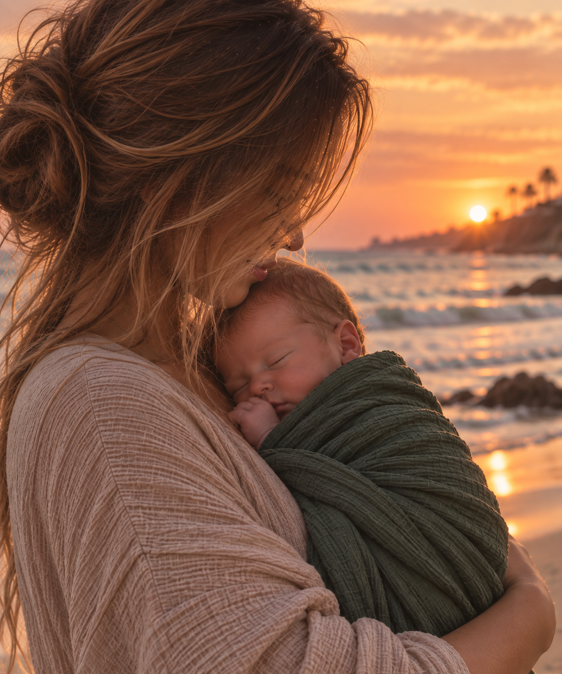 A woman holding a sleeping baby against her chest on the beach at sunset with palm trees in the background.