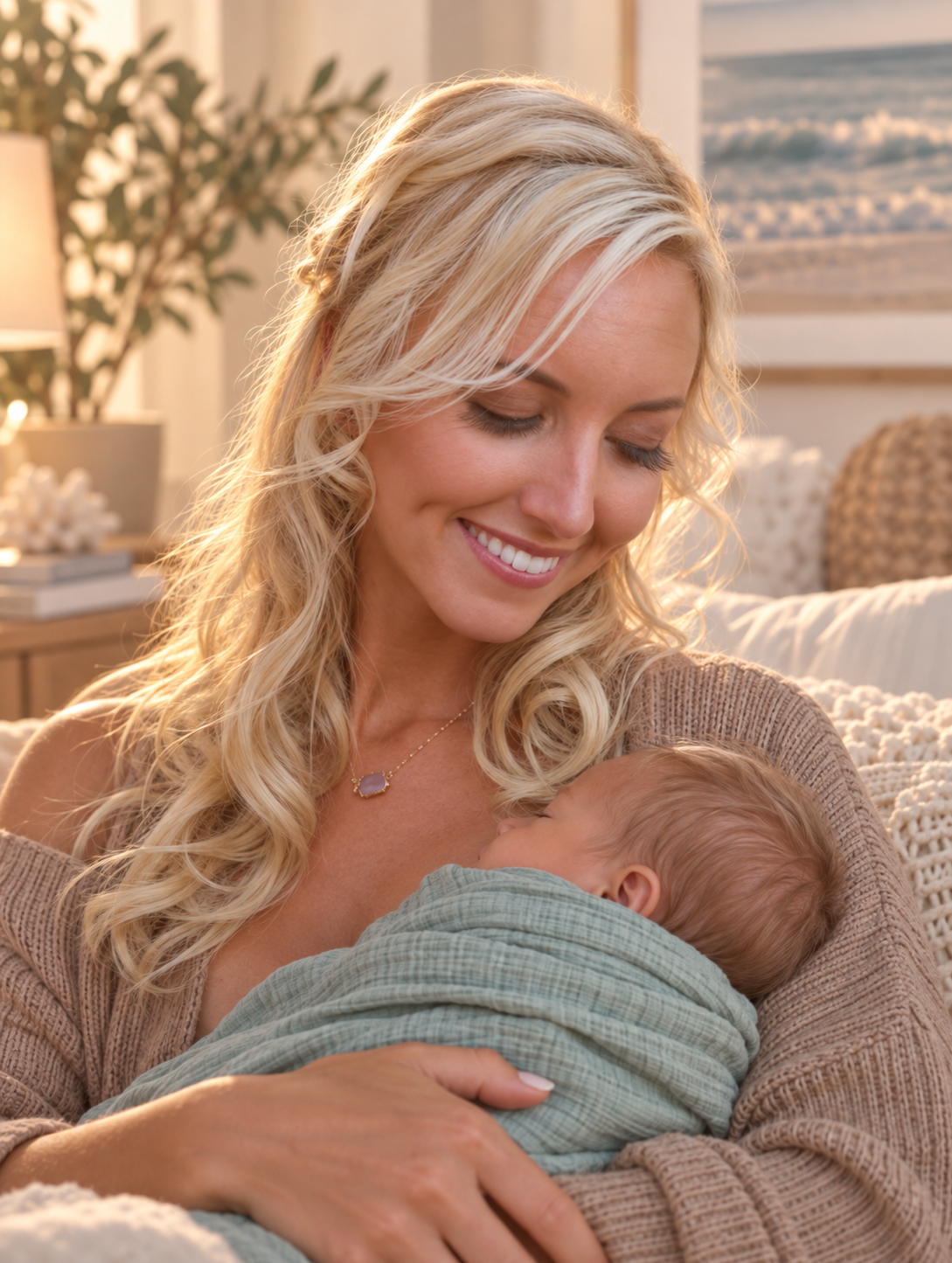 A woman with long blonde hair smiling while holding a newborn wrapped in a green blanket. The woman is wearing a brown sweater and a necklace with a purple pendant. The background includes a lamp, plants, and seaside decor.