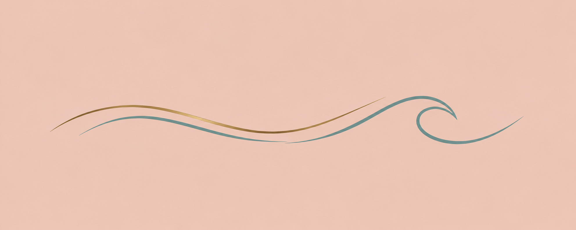 Stylized wave design with flowing lines on a light pink background.