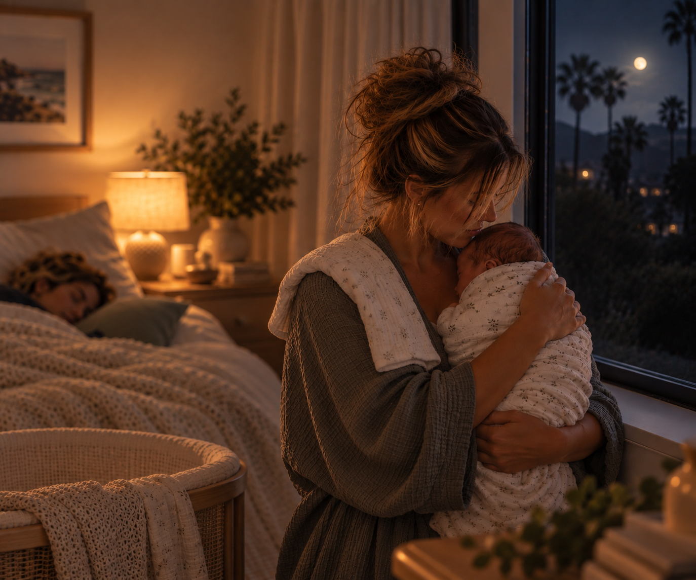 A woman holding a newborn baby near a window at dusk, with a sleeping child in bed in the background.