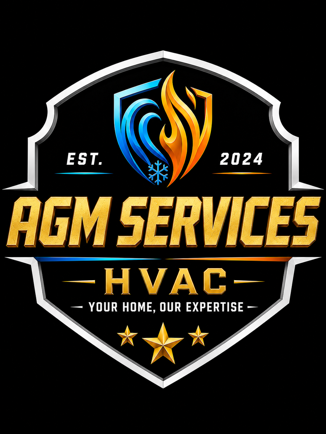 A logo for AGM Services HVAC, established in 2024, with a shield design featuring a blue snowflake and orange flames, and the tagline "Your home, our expertise".