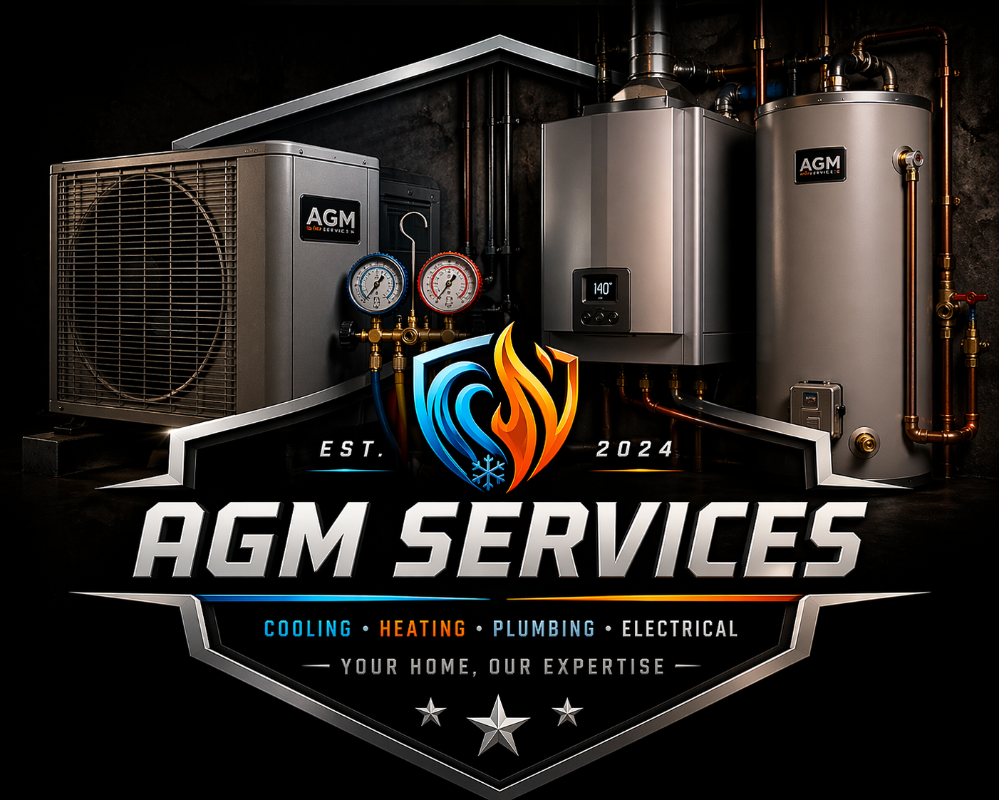 Logo for AGM Services with heating, cooling, plumbing, and electrical services, featuring HVAC equipment with gauges and a digital display, text indicating establishment in 2024, and the tagline "Your home, our expertise."