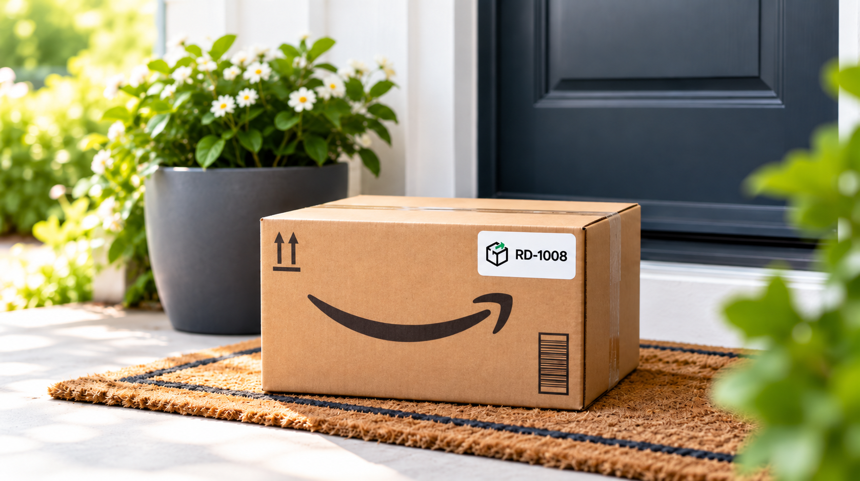 Retailer return box left ready for ReturnDay pickup at a customer's door