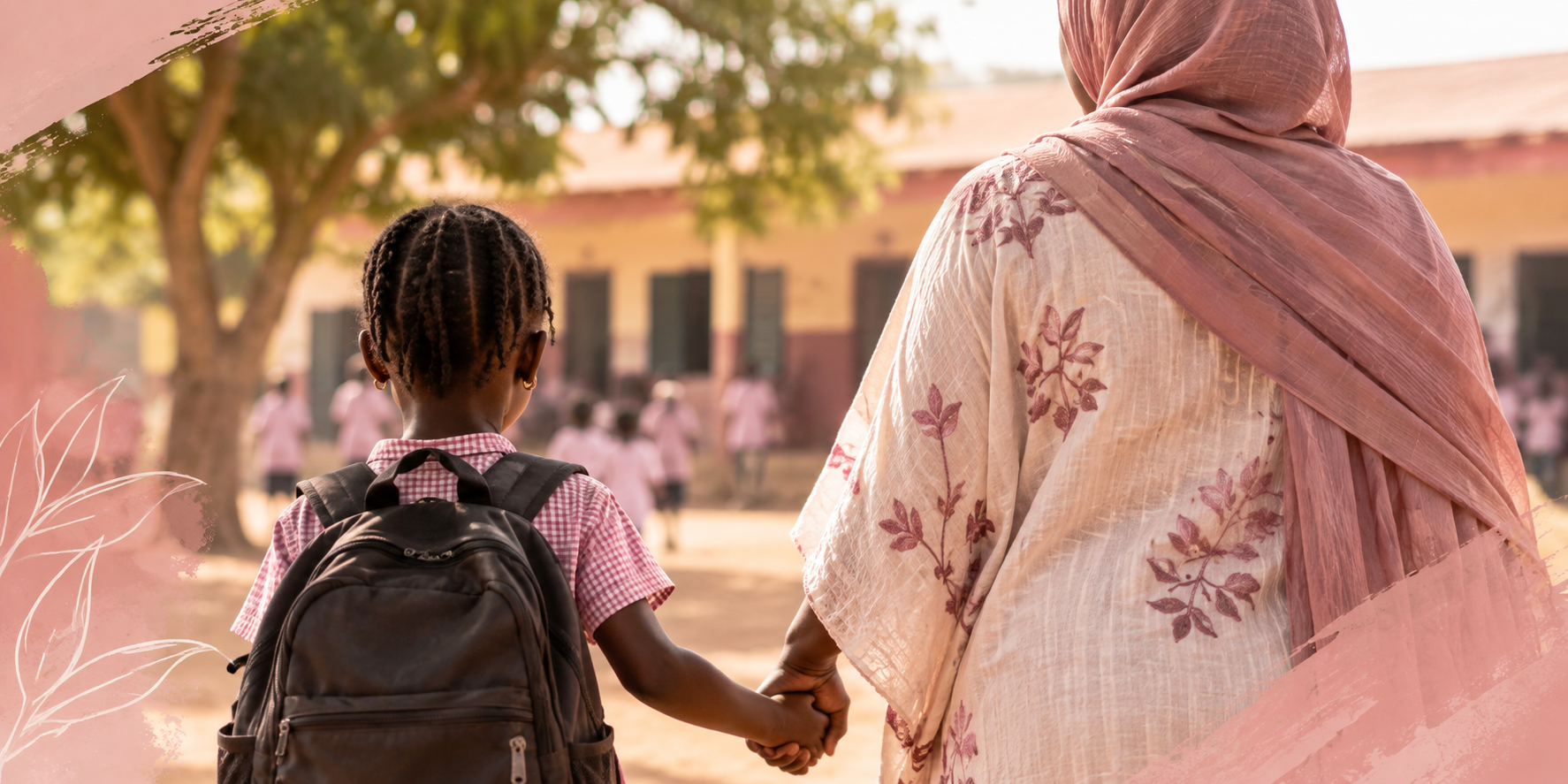 A young girl with braids wearing a school uniform and backpack holding hands with an adult woman, possibly her grandmother, outside of a school with other children in the background.