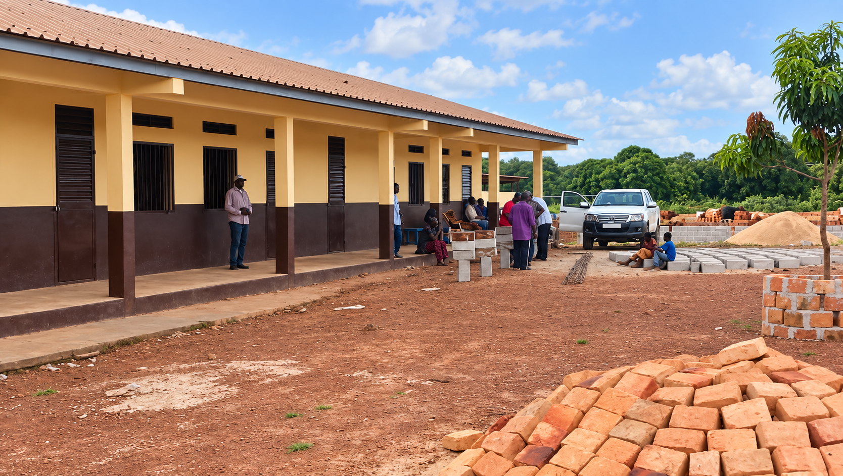 A newly built single-story building with a group of people gathered outside under a covered porch, some sitting on benches. The area outside is under development with piles of bricks and construction materials. A white vehicle is parked nearby, with lush green trees and blue sky in the background.