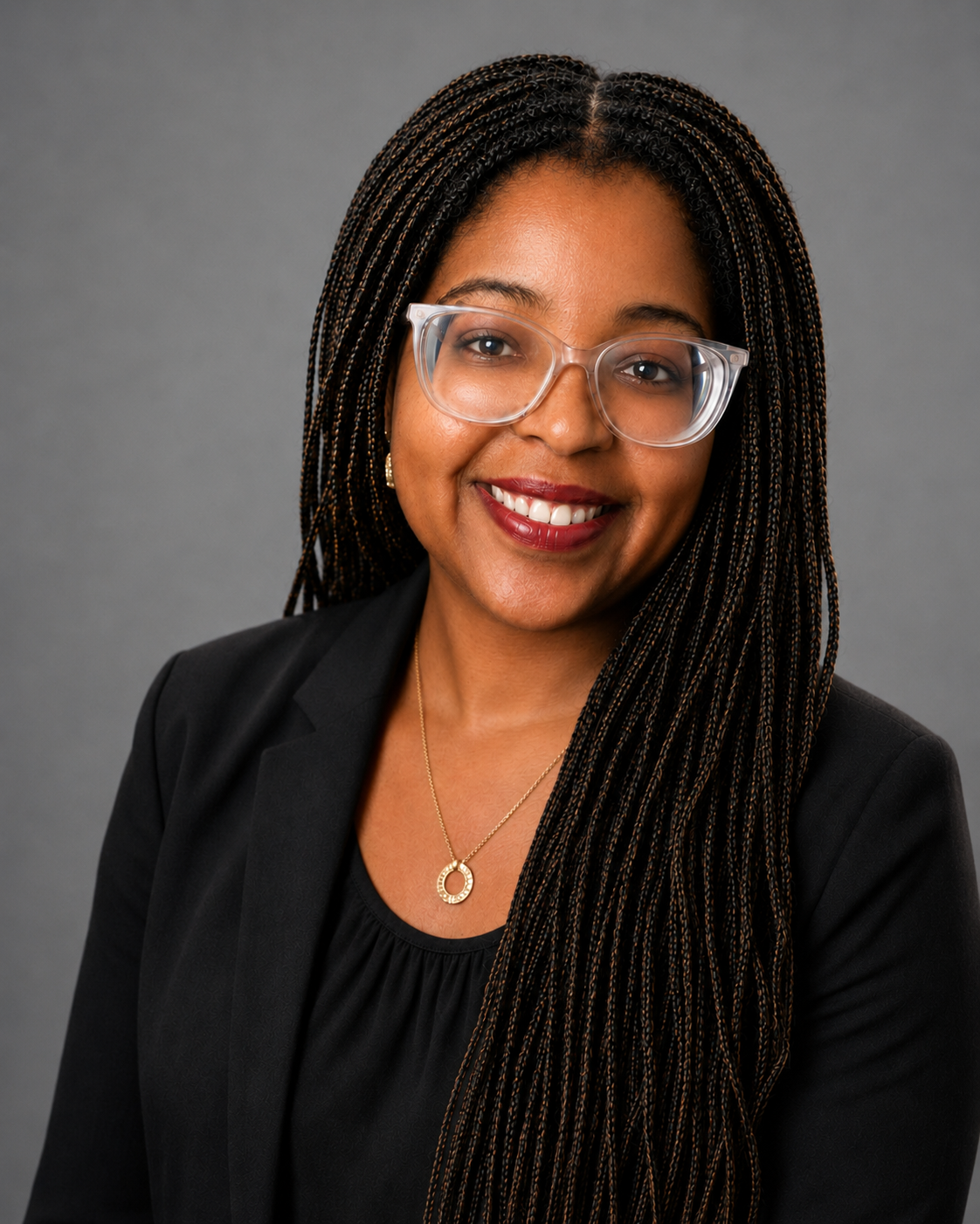 A professional woman with long braided hair, wearing clear glasses, a black blazer, and a gold necklace, smiling against a gray background.