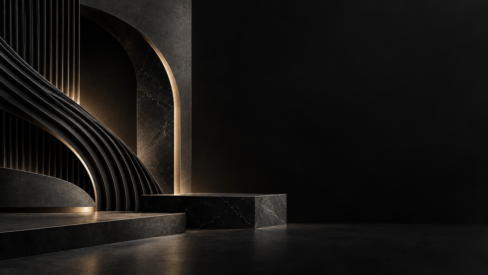 Modern interior design with black marble stairs and arches, illuminated by soft gold lighting, against a dark background.