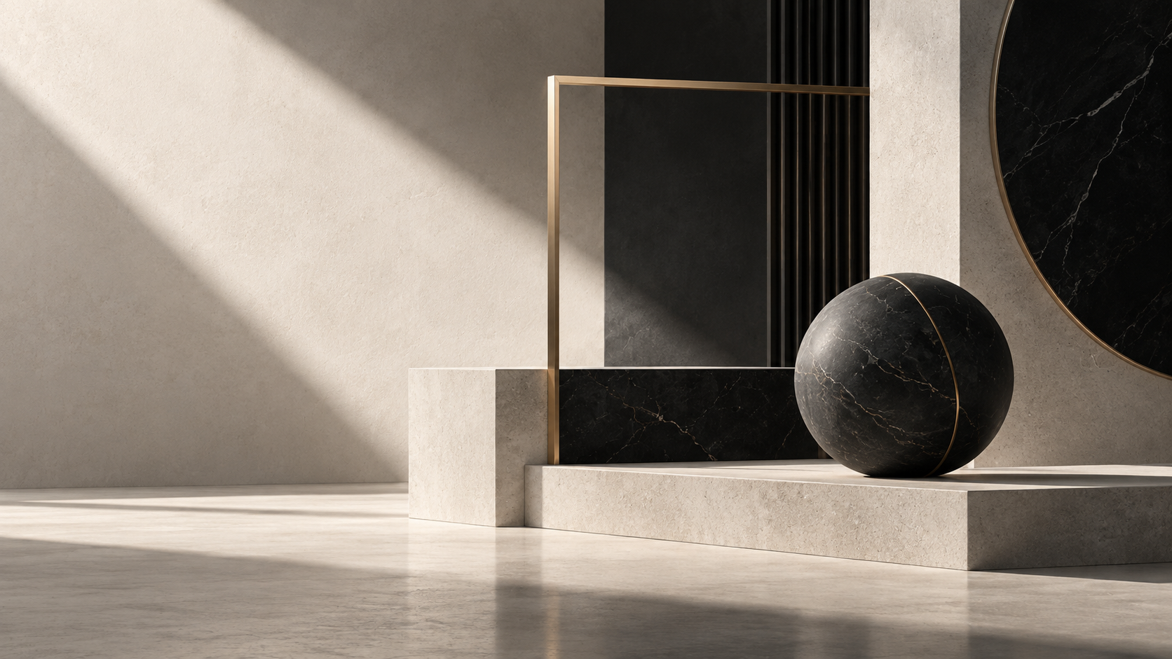 Ivory and obsidian architectural composition with a black marble sphere and champagne-metal accents.