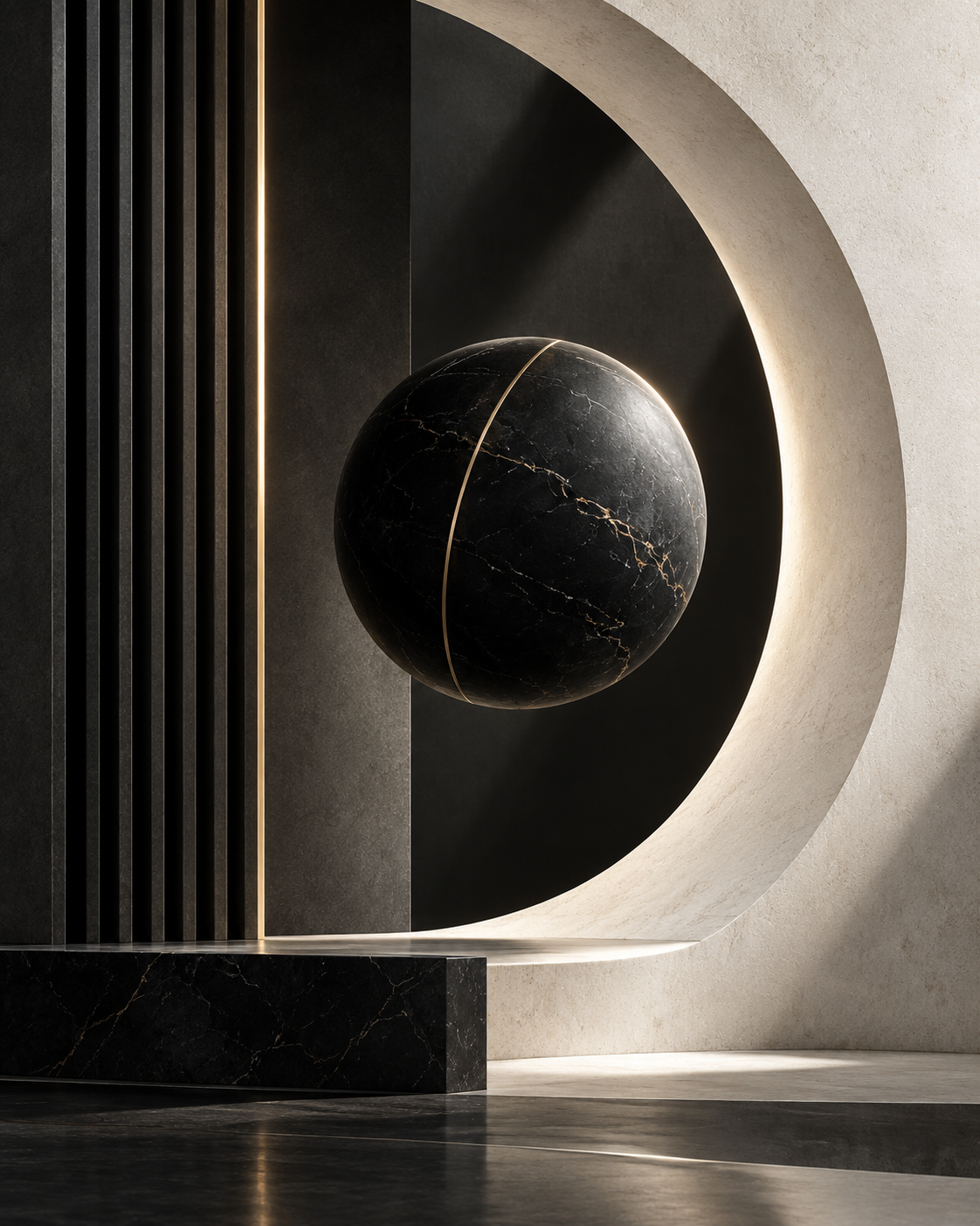 Abstract black marble sphere framed by ivory stone, charcoal fins and a champagne-metal line.