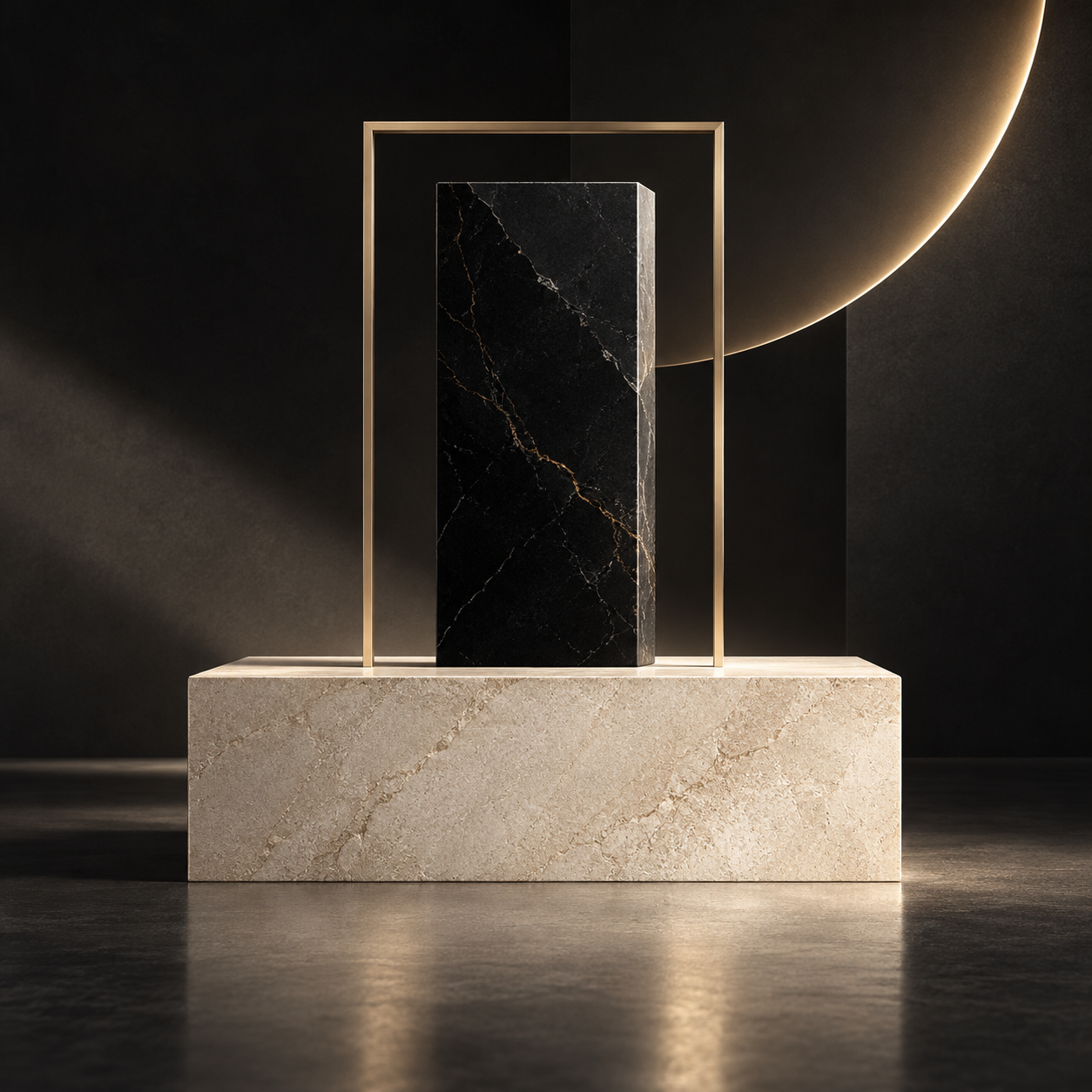 A minimalist display featuring a tall black marble block with gold veining, set within a simple gold rectangular frame on a beige marble platform, against a dark background with a large illuminated semi-circle.