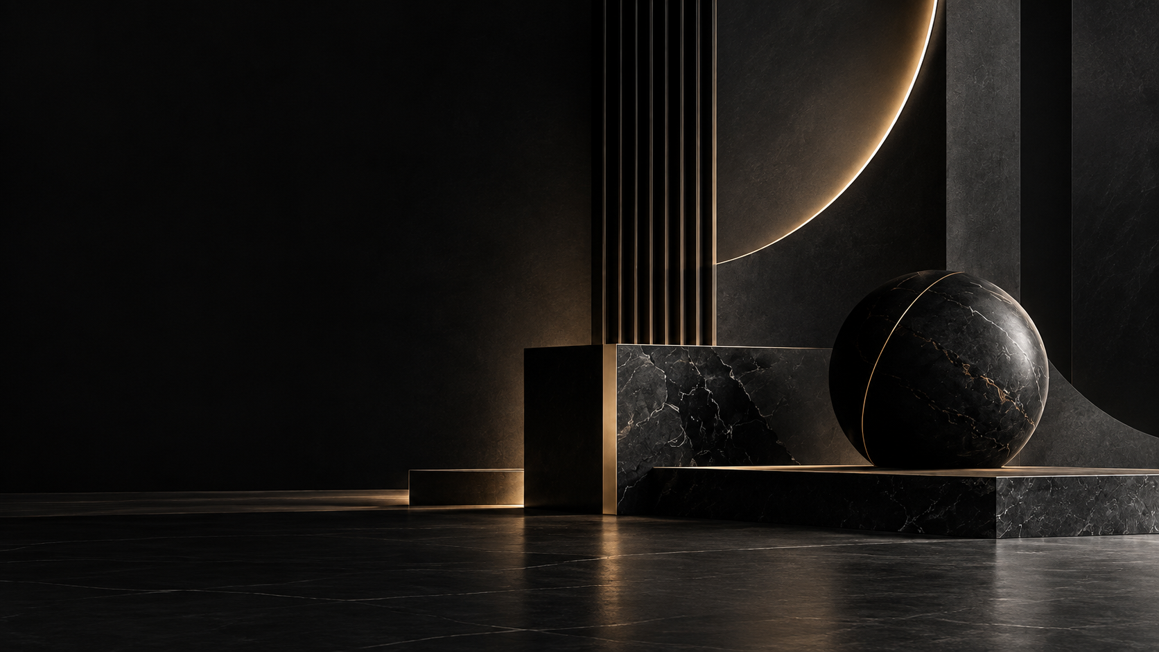 Abstract obsidian architecture with black marble, a sculptural sphere and champagne-metal accents.
