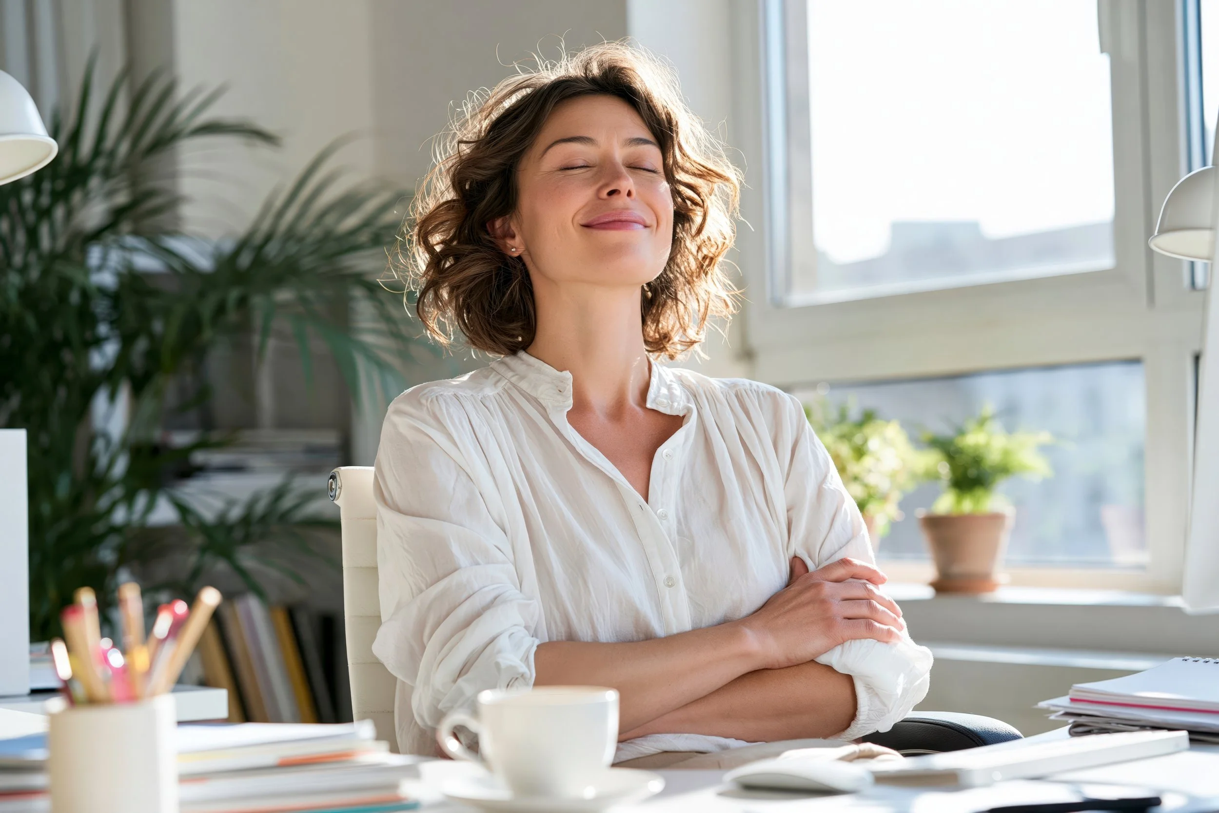 A woman with short wavy hair, smiling and closing her eyes with folded arms, sitting at a desk in a bright office space with large windows and houseplants.