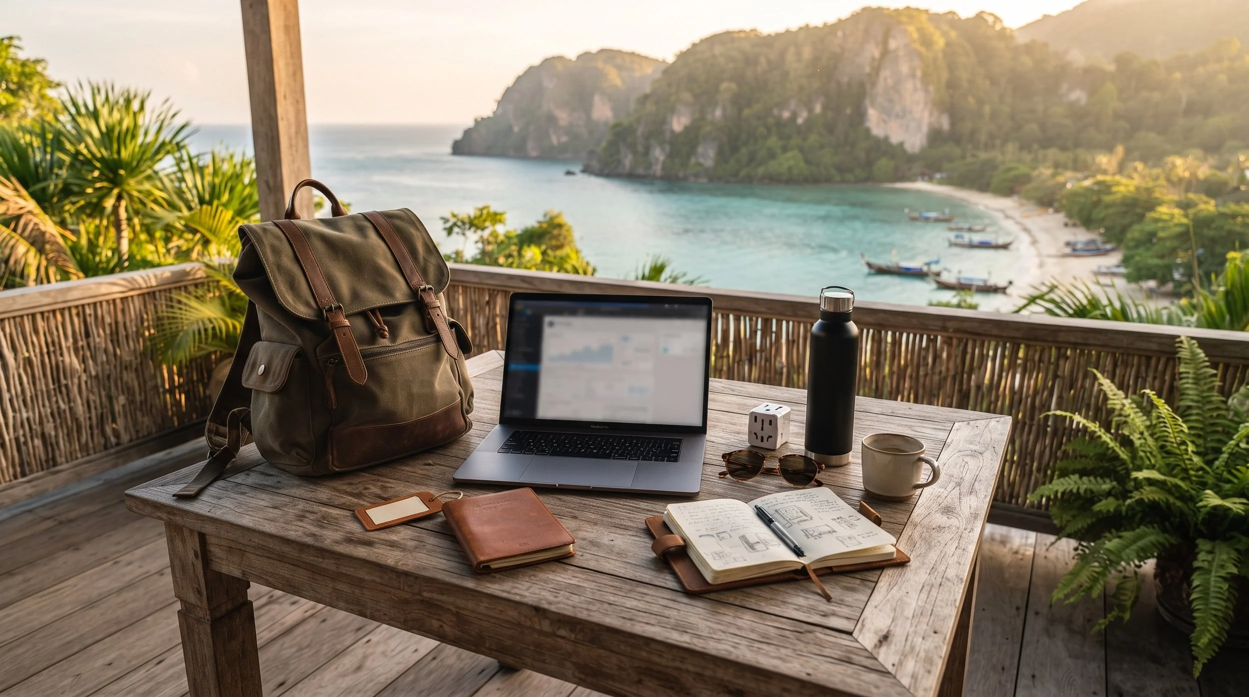 A rustic outdoor wooden desk holding a laptop, a backpack, a black water bottle, a white dice, a pair of sunglasses, a cup, an open notebook, a closed notebook, and a pen. The desk is on a balcony with a bamboo railing, overlooking a tropical bay with boats, lush green hills, and mountains in the background during sunset.