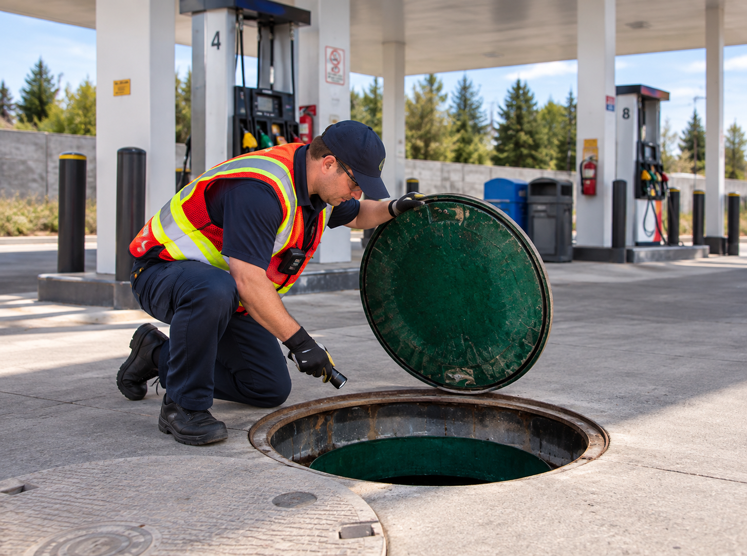 A man wearing a safety vest and cap kneeling at a sewer cover at a gas station, inspecting or retrieving something from the sewer.
