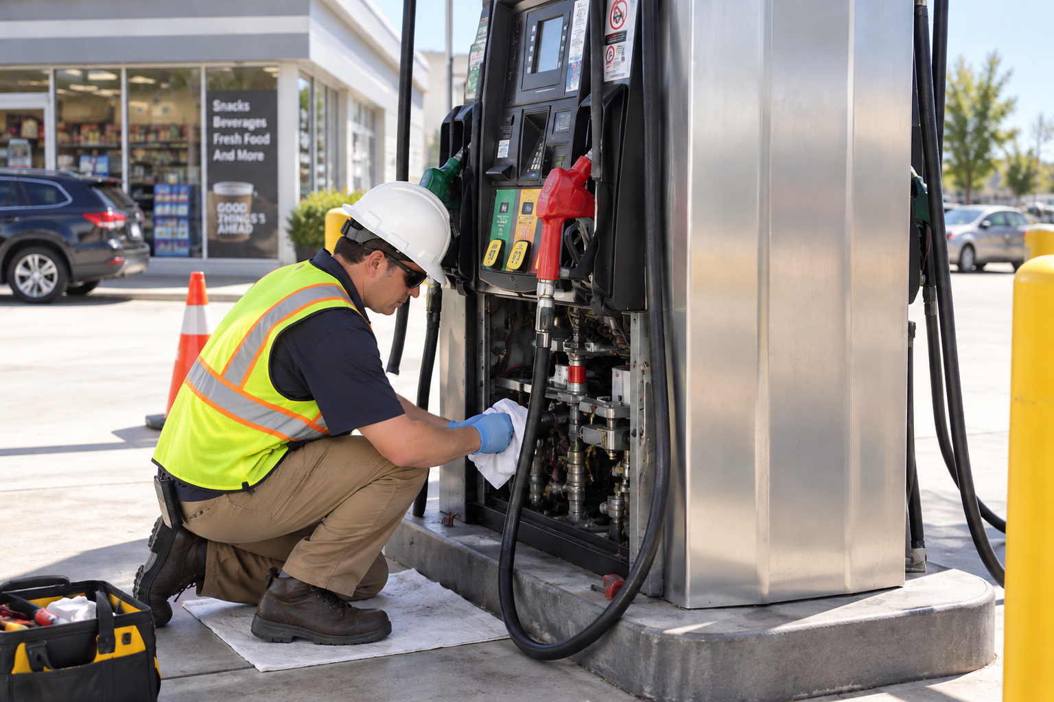 A technician wearing a white hard hat, sunglasses, a yellow safety vest, and gloves working on a fuel pump at a gas station, with tools and a toolbox nearby.