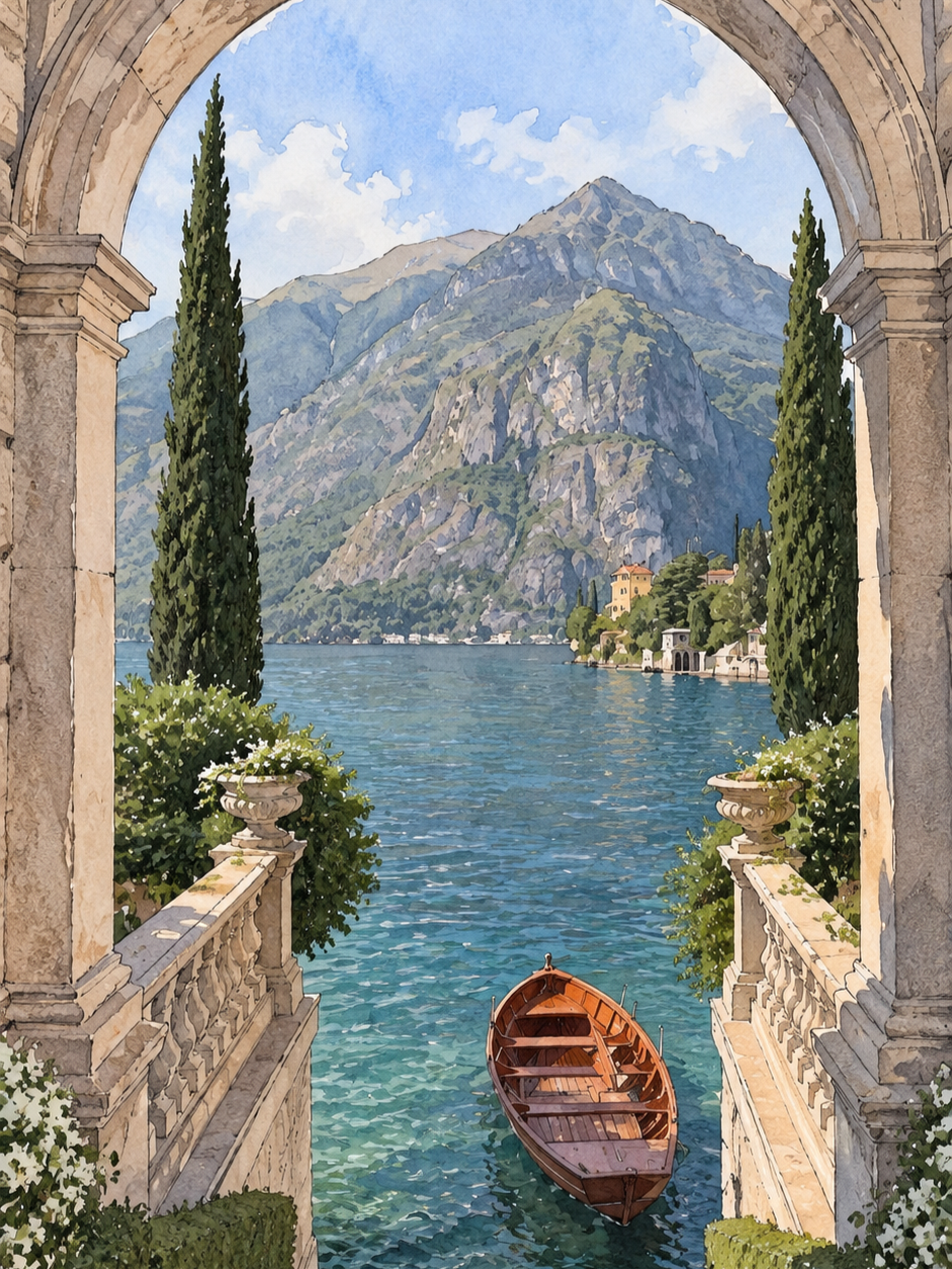 A painting of a lakeside view framed by classical stone arches and columns. A small wooden boat is docked at the stairs leading down to the water, which is surrounded by lush greenery and tall cypress trees. In the background, there are mountains and a clear blue sky.