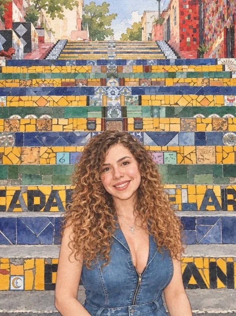 A smiling woman with curly hair in front of colorful tiled stairs, wearing a sleeveless denim jumpsuit.