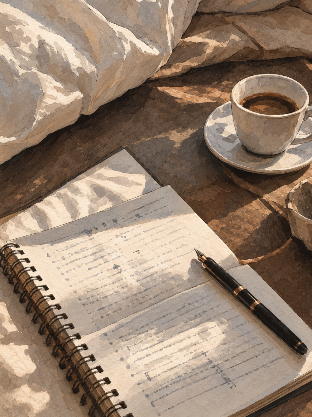 A notebook with handwritten notes and a pen resting on it, a cup of coffee on a saucer, and some papers on a wooden table with a sunlight shadow.