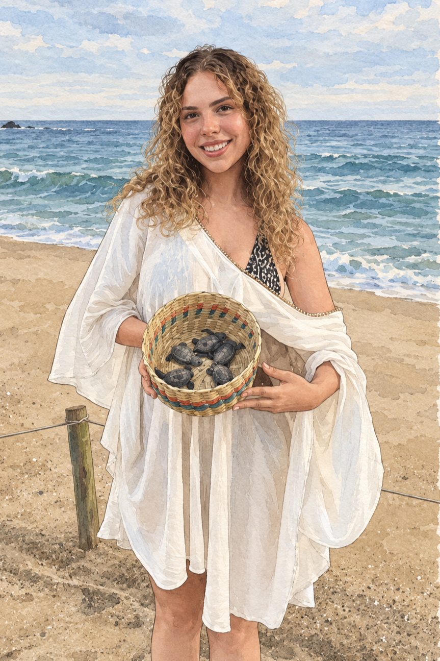 A woman with curly hair smiling at the camera, holding a basket of black beetles on a beach with ocean waves and cloudy sky in the background.