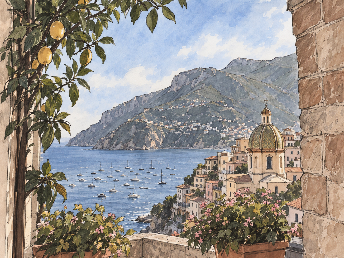 Waterfront view from a balcony with flowering plants, revealing a hillside town with colorful buildings, a domed church, and sailboats on the water, surrounded by mountains under a partly cloudy sky.