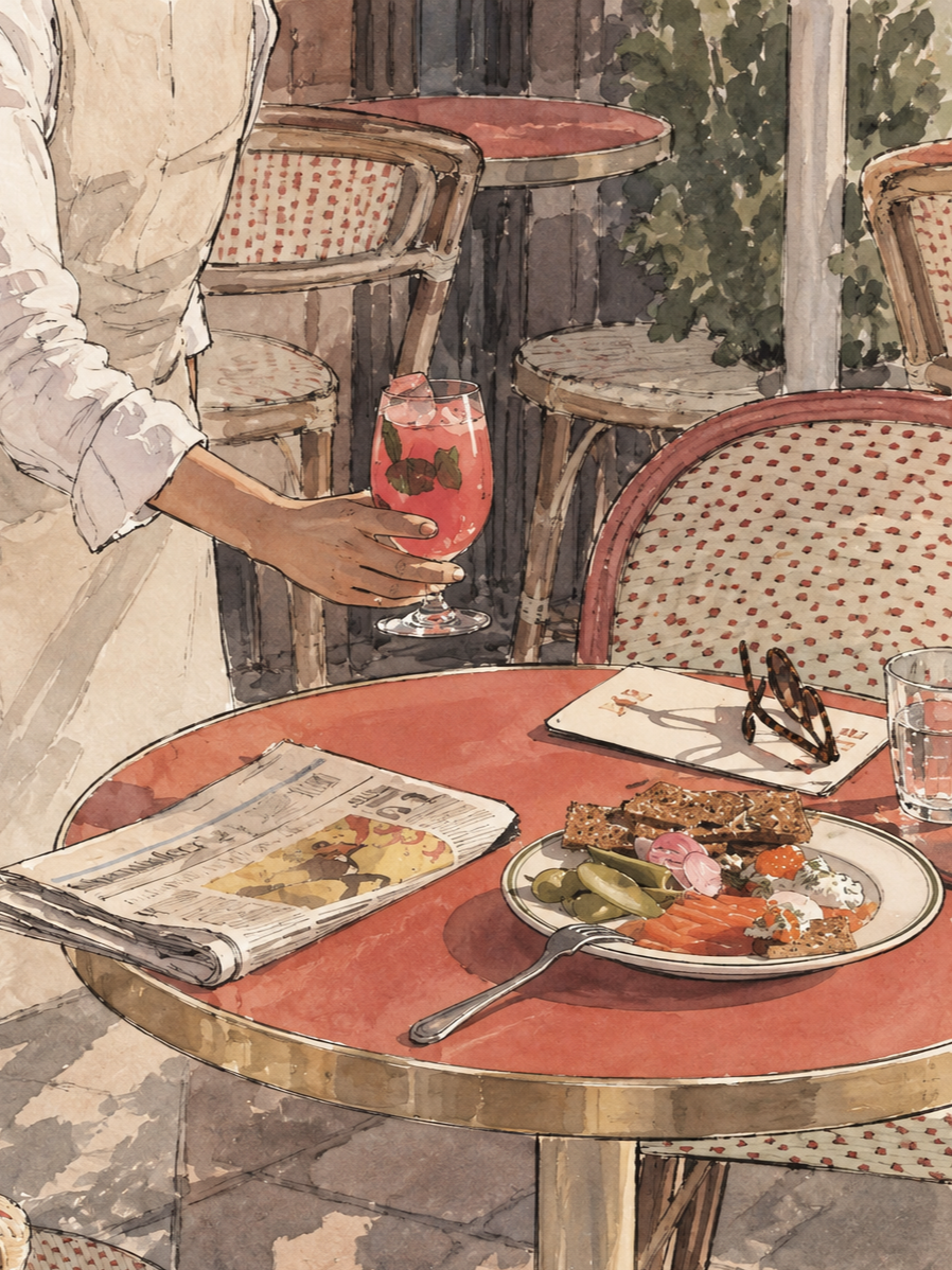 A cozy cafe scene with a person holding a pink drink, a table with a newspaper, glasses, a plate of snacks, and a pair of glasses. The setting includes patterned chairs and a rustic background.