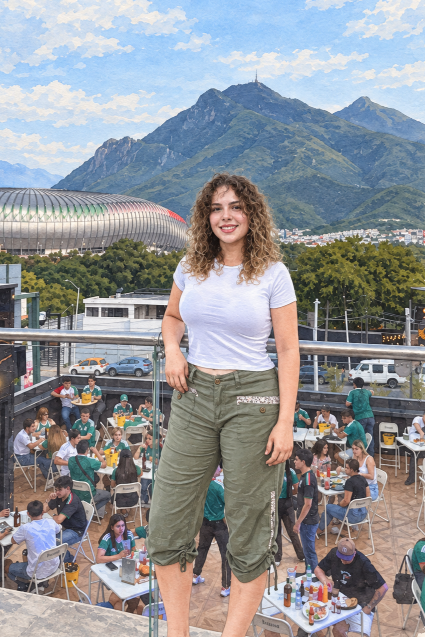 A woman standing on a rooftop terrace with outdoor dining below, mountains in the background, and a large stadium nearby.