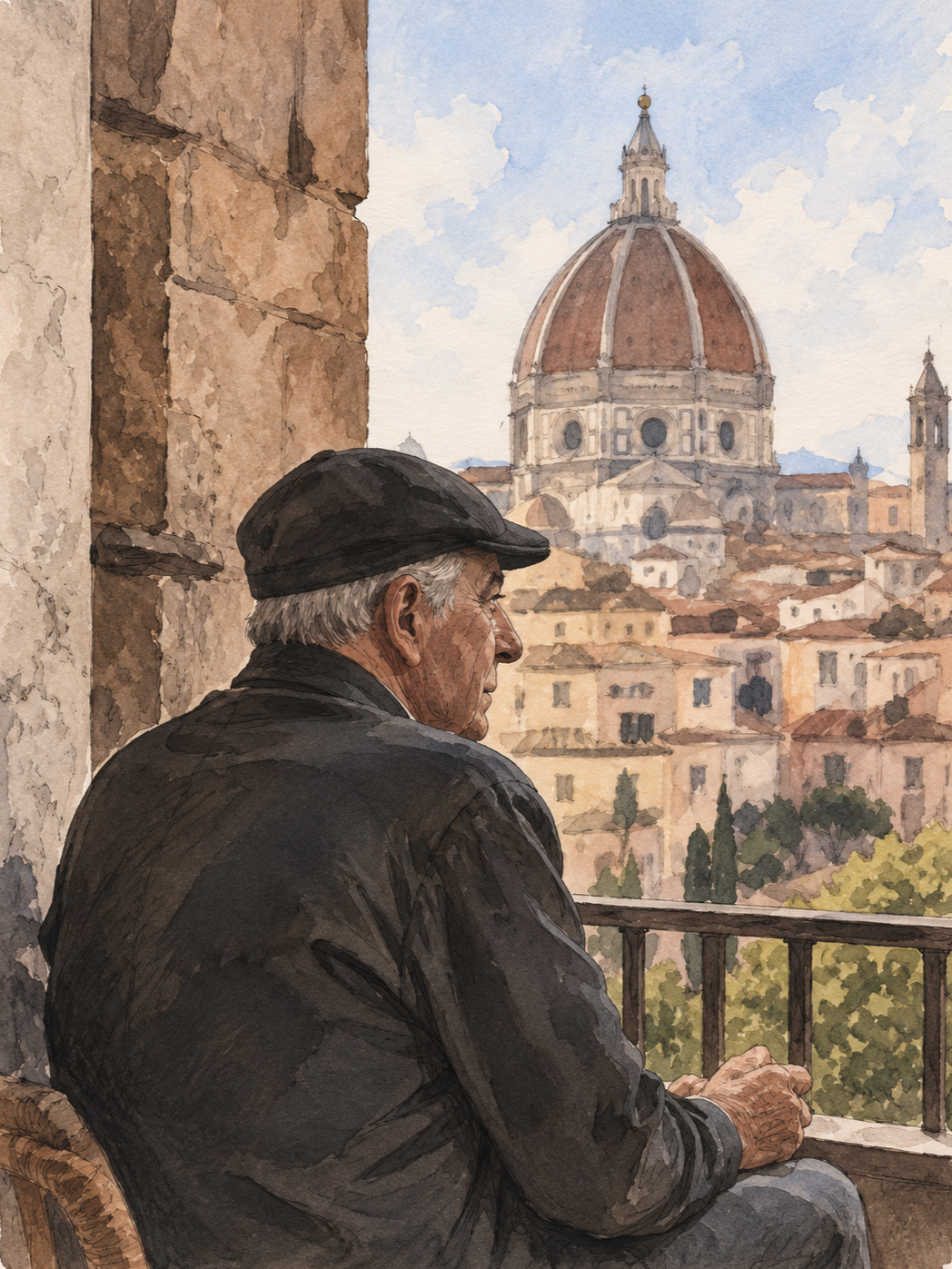 An elderly man wearing a black cap and jacket sitting on a balcony, looking at the Florence Cathedral with its iconic dome in Florence, Italy.
