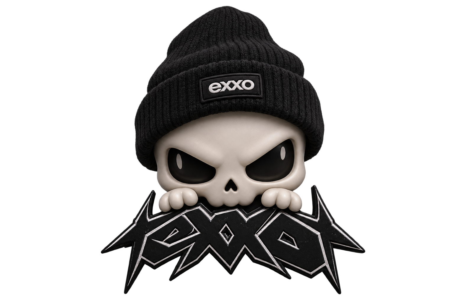 A cartoon skull figure wearing a black beanie hat with 'exxo' logo, holding a black and silver metal band logo with pointed edges.