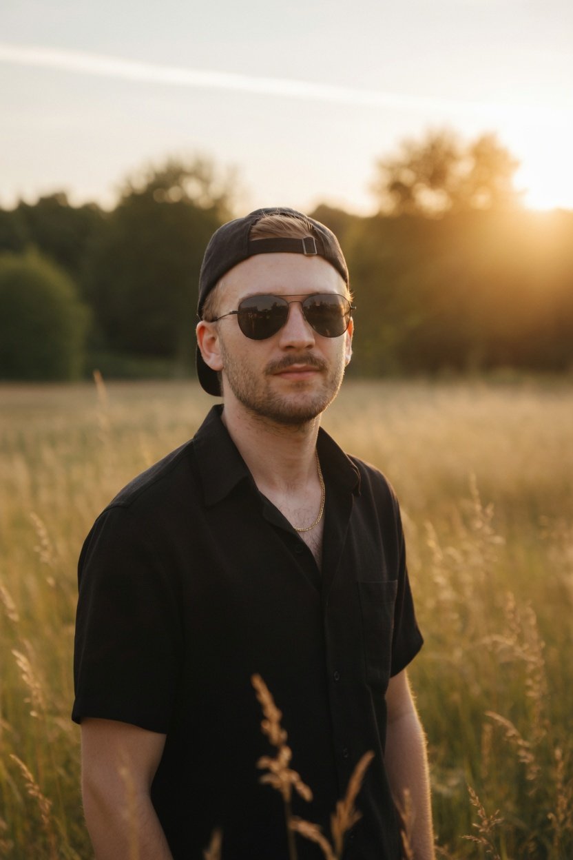 A young man wearing sunglasses and a black shirt with a backwards baseball cap stands in a field during sunset.