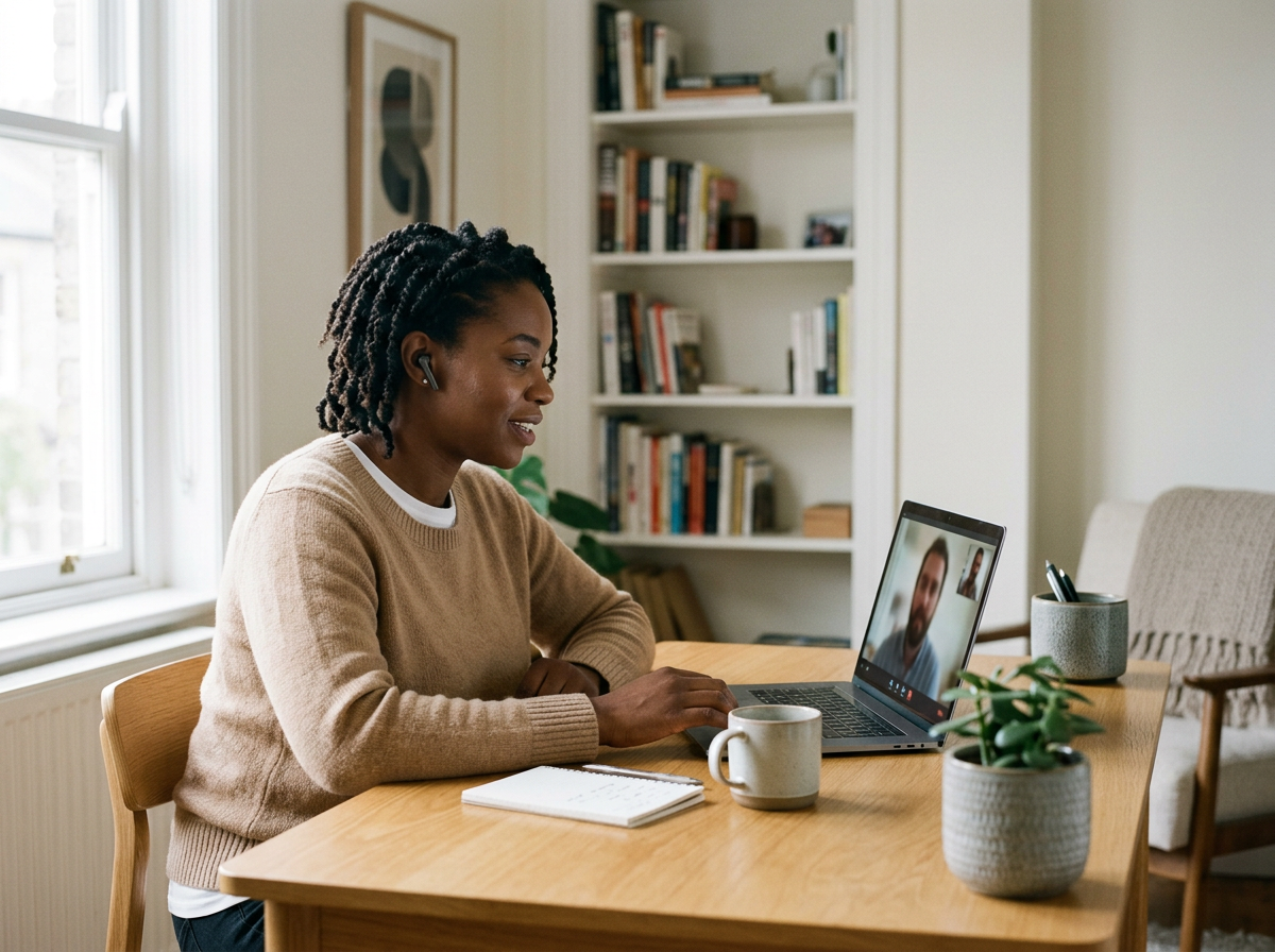 Person preparing for a private online coaching session with a laptop and notebook by a window