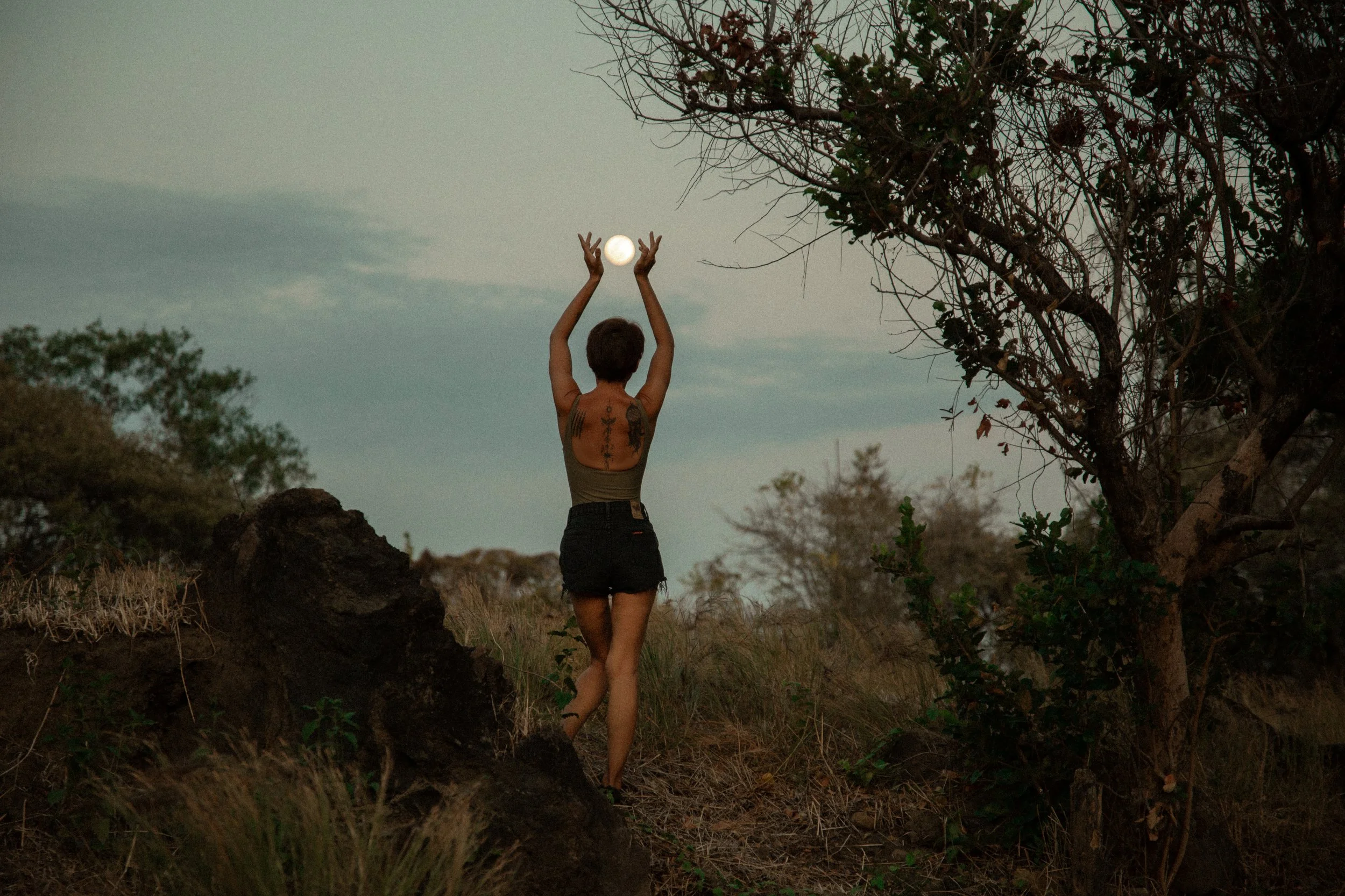Person standing outdoors with arms raised toward the sun, representing reflection and life transition
