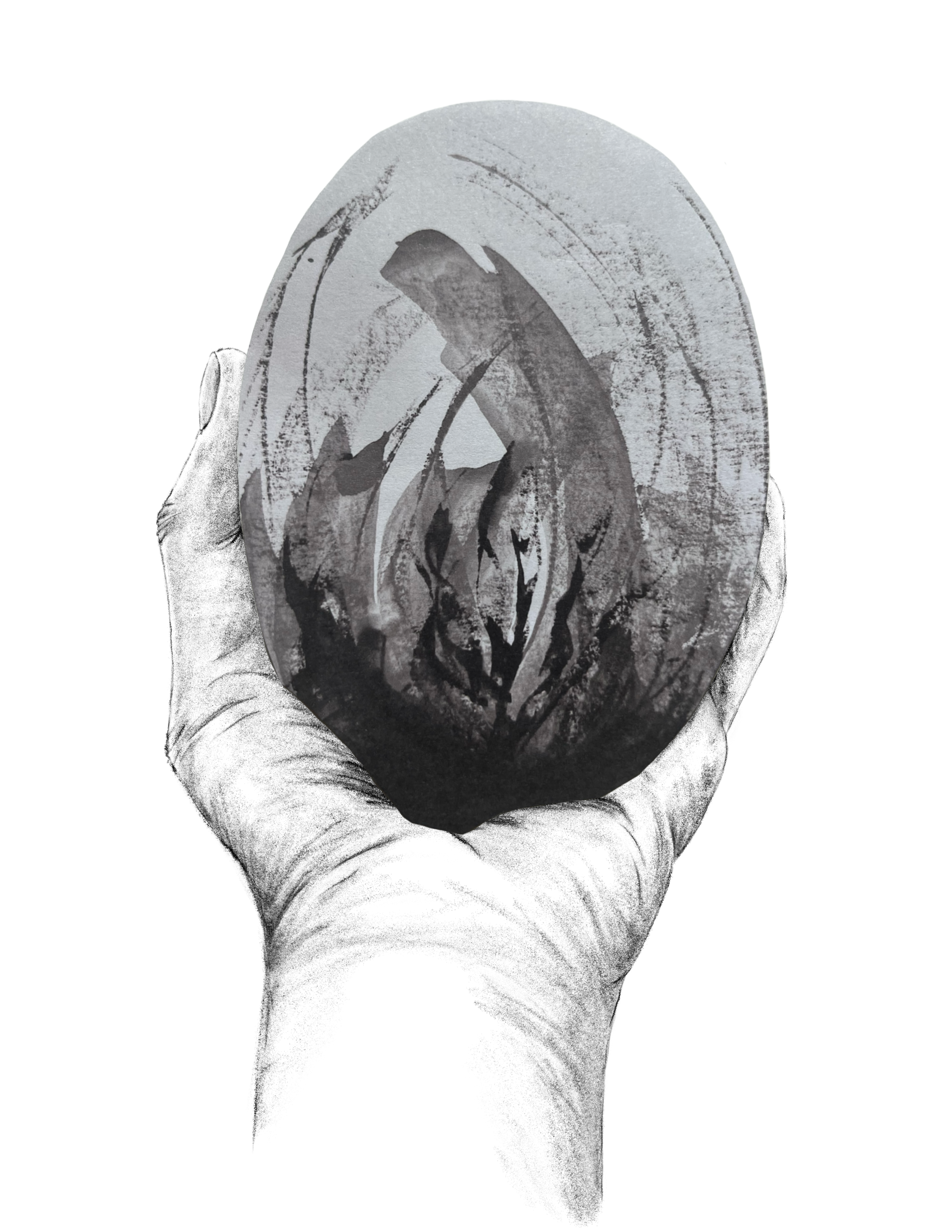 A hand holding a black and white object with abstract and swirling patterns.