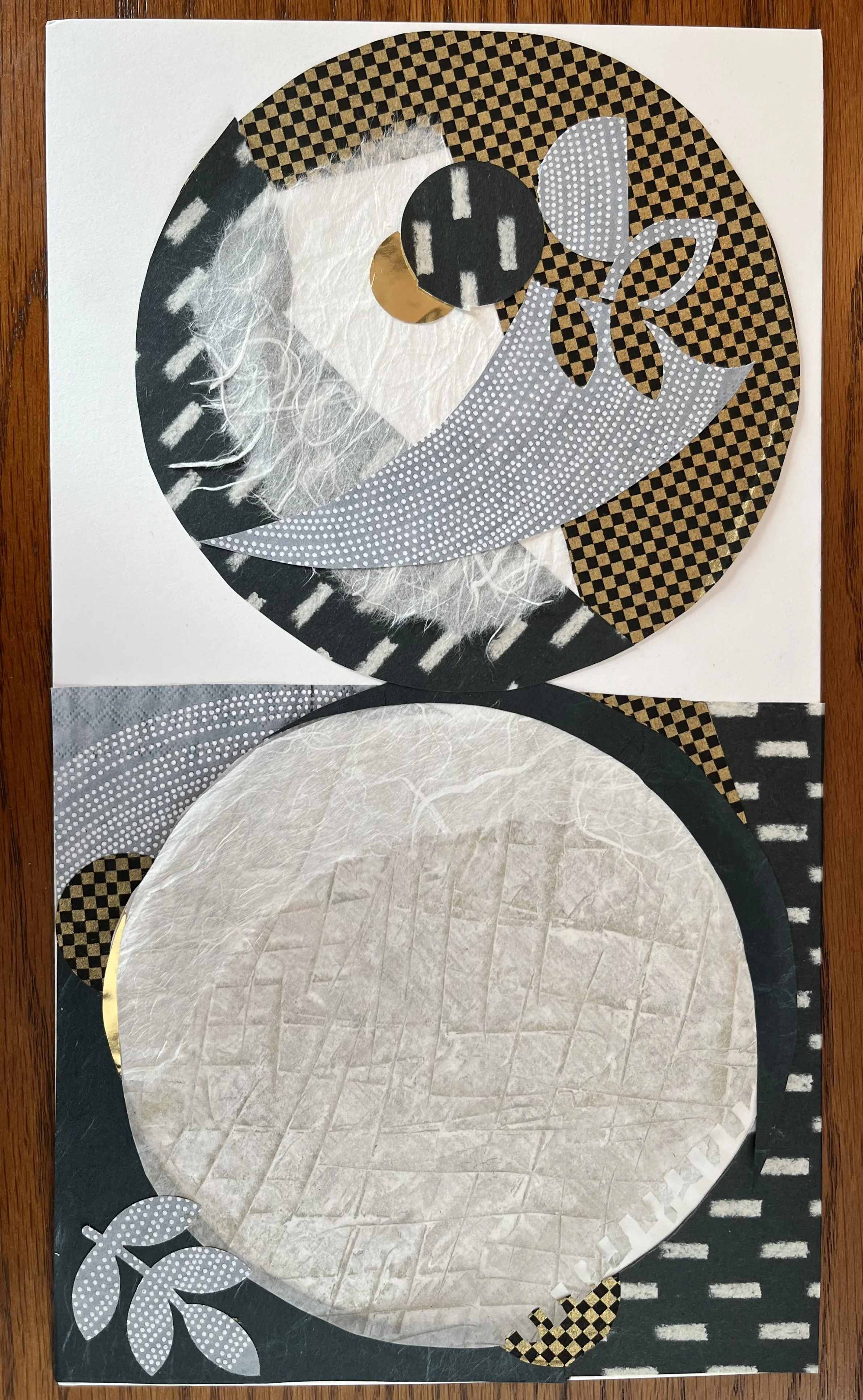 A collage of black, gray, gold, and white patterned paper pieces forming an abstract design on a black background with white patterned accents and leaf shapes.