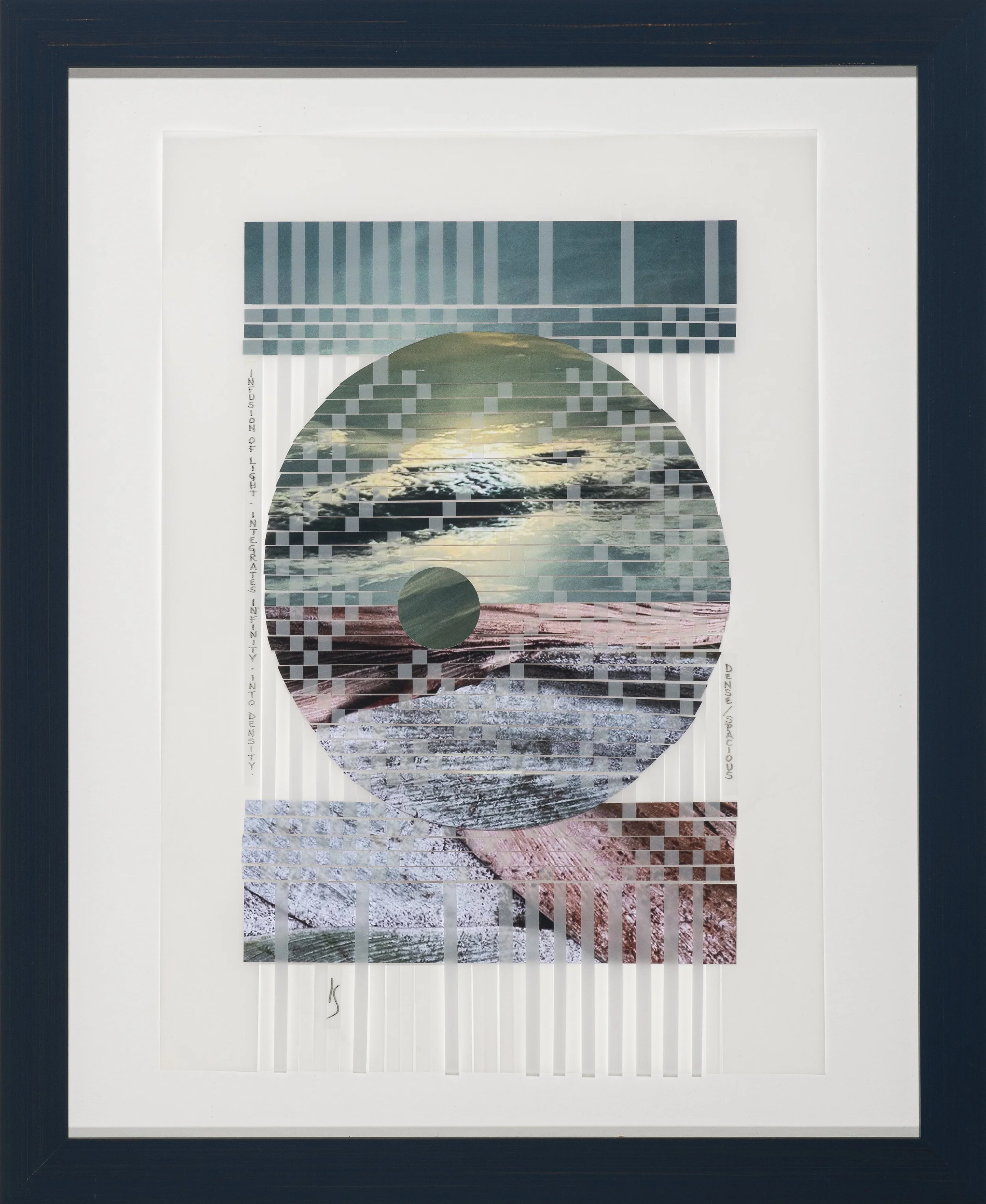Framed visual artwork featuring a circular collage of a landscape scene with water, sky, and mountains, contained within a white mat and dark frame.